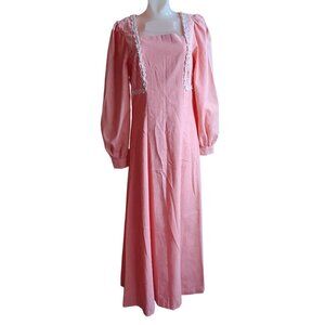 1OF1 Medium 8 True Vintage Pink Maxi Wedding Dress Lace Trim Puff Sleeves Boho
